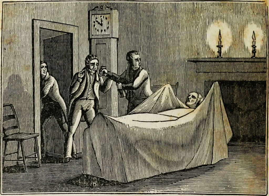 An illustration from The tongue of time, and star of the states: [electronic resource]: a system of human nature, with the phenomena of the heavens and earth. : American antiquities, remains of giants, geology, volcanoes, Egyptian and Indian magic, diet, dress, drinks, diseases, sleep, somnambulism, trances, resuscitation. : Also an account of persons with two souls, and of five persons who told colors by the touch, 1840, leaf 372