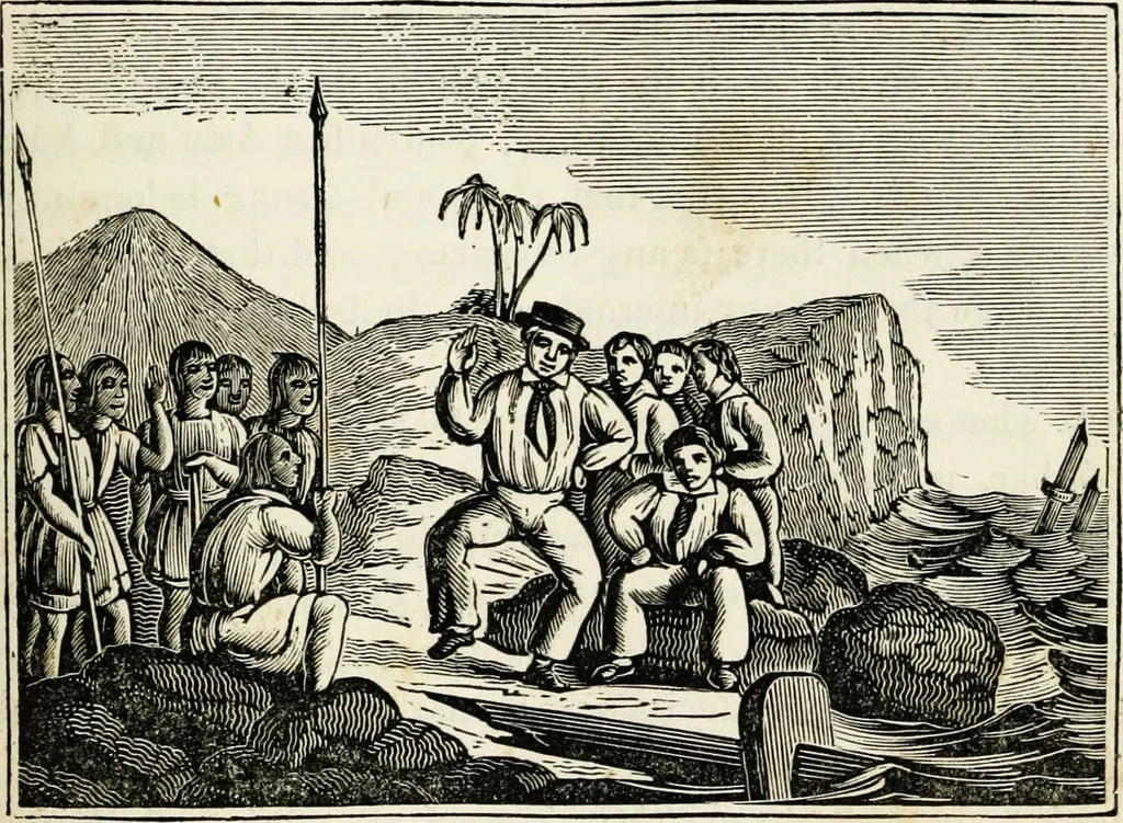 An illustration from The tongue of time, and star of the states: [electronic resource]: a system of human nature, with the phenomena of the heavens and earth. : American antiquities, remains of giants, geology, volcanoes, Egyptian and Indian magic, diet, dress, drinks, diseases, sleep, somnambulism, trances, resuscitation. : Also an account of persons with two souls, and of five persons who told colors by the touch, 1840, leaf 379