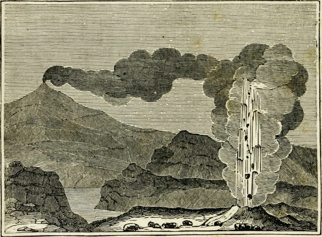 An illustration from The tongue of time, and star of the states: [electronic resource]: a system of human nature, with the phenomena of the heavens and earth. : American antiquities, remains of giants, geology, volcanoes, Egyptian and Indian magic, diet, dress, drinks, diseases, sleep, somnambulism, trances, resuscitation. : Also an account of persons with two souls, and of five persons who told colors by the touch, 1840, leaf 391