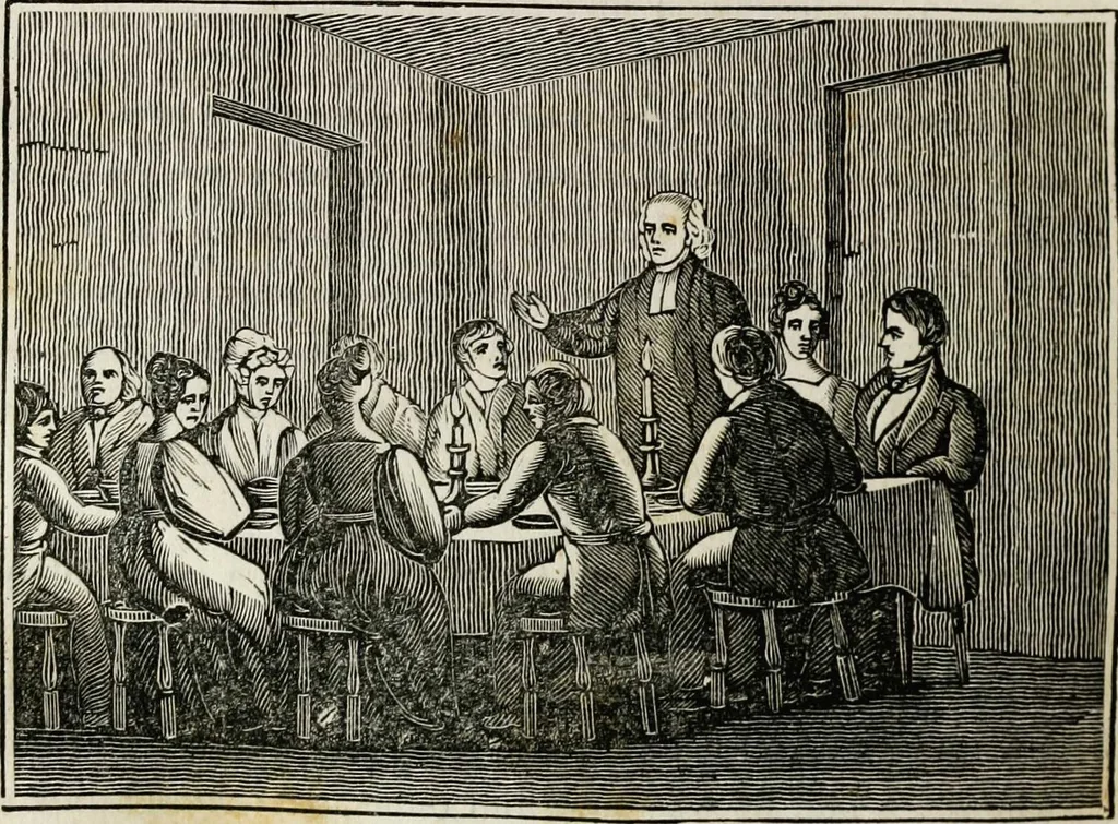 An illustration from The tongue of time, and star of the states: [electronic resource]: a system of human nature, with the phenomena of the heavens and earth. : American antiquities, remains of giants, geology, volcanoes, Egyptian and Indian magic, diet, dress, drinks, diseases, sleep, somnambulism, trances, resuscitation. : Also an account of persons with two souls, and of five persons who told colors by the touch, 1840, leaf 448