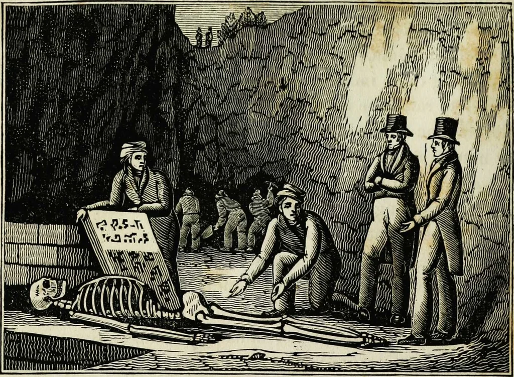 An illustration from The tongue of time, and star of the states: [electronic resource]: a system of human nature, with the phenomena of the heavens and earth. : American antiquities, remains of giants, geology, volcanoes, Egyptian and Indian magic, diet, dress, drinks, diseases, sleep, somnambulism, trances, resuscitation. : Also an account of persons with two souls, and of five persons who told colors by the touch, 1840, leaf 90