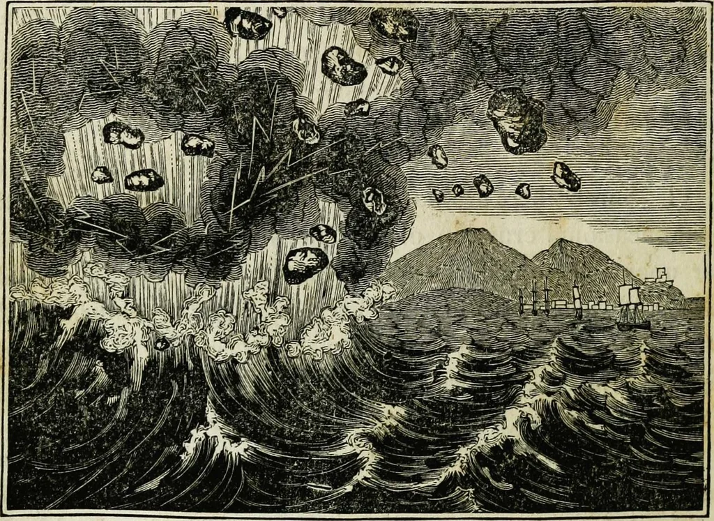 An illustration from The tongue of time, and star of the states: [electronic resource]: a system of human nature, with the phenomena of the heavens and earth. : American antiquities, remains of giants, geology, volcanoes, Egyptian and Indian magic, diet, dress, drinks, diseases, sleep, somnambulism, trances, resuscitation. : Also an account of persons with two souls, and of five persons who told colors by the touch, 1840, leaf 92