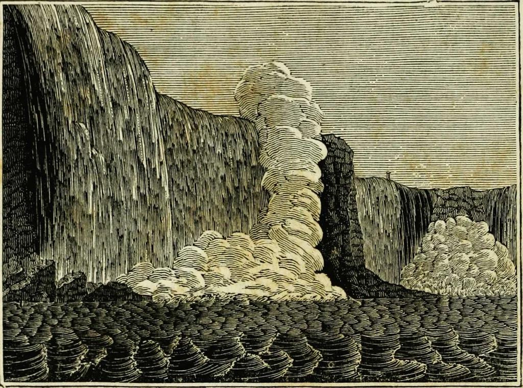 An illustration from The tongue of time, and star of the states: [electronic resource]: a system of human nature, with the phenomena of the heavens and earth. : American antiquities, remains of giants, geology, volcanoes, Egyptian and Indian magic, diet, dress, drinks, diseases, sleep, somnambulism, trances, resuscitation. : Also an account of persons with two souls, and of five persons who told colors by the touch, 1840, leaf 99