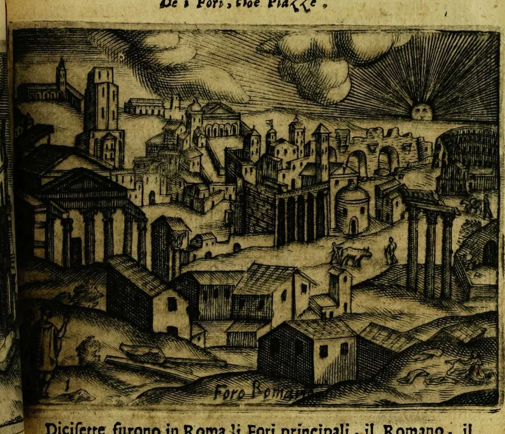 An illustration from Le cose marauigliose dell' alma citta di Roma: doue si tratta delle chiese,stationi, relique et corpi santi : con la guida romana : i nomi de sommi pontefici, imperatori et altri principi, Christiani, con le prencipal' poste d'Italia, 1625, leaf 117