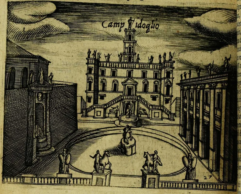 An illustration from Le cose marauigliose dell' alma citta di Roma: doue si tratta delle chiese,stationi, relique et corpi santi : con la guida romana : i nomi de sommi pontefici, imperatori et altri principi, Christiani, con le prencipal' poste d'Italia, 1625, leaf 128