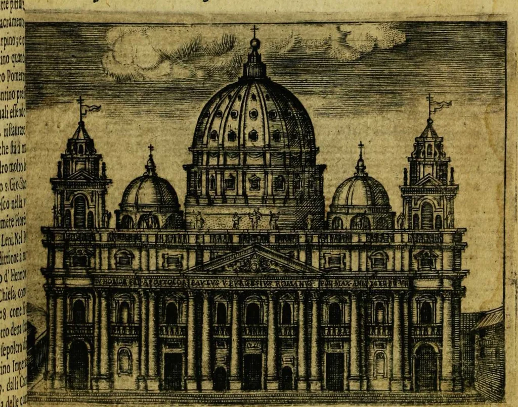 An illustration from Le cose marauigliose dell' alma citta di Roma: doue si tratta delle chiese,stationi, relique et corpi santi : con la guida romana : i nomi de sommi pontefici, imperatori et altri principi, Christiani, con le prencipal' poste d'Italia, 1625, leaf 13