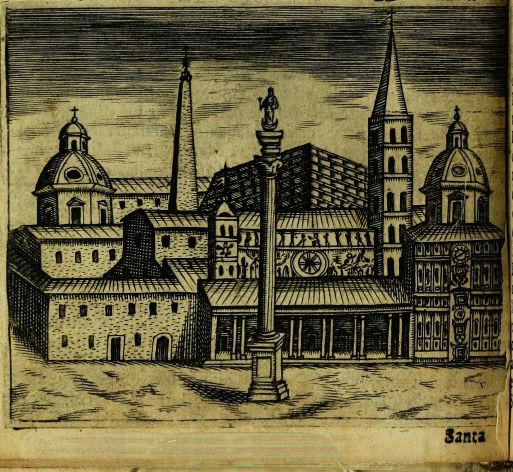 An illustration from Le cose marauigliose dell' alma citta di Roma: doue si tratta delle chiese,stationi, relique et corpi santi : con la guida romana : i nomi de sommi pontefici, imperatori et altri principi, Christiani, con le prencipal' poste d'Italia, 1625, leaf 22
