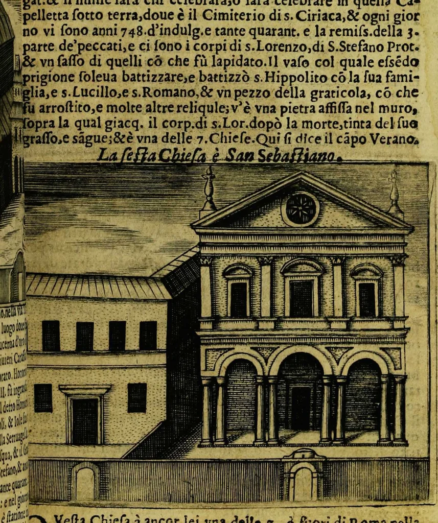 An illustration from Le cose marauigliose dell' alma citta di Roma: doue si tratta delle chiese,stationi, relique et corpi santi : con la guida romana : i nomi de sommi pontefici, imperatori et altri principi, Christiani, con le prencipal' poste d'Italia, 1625, leaf 27