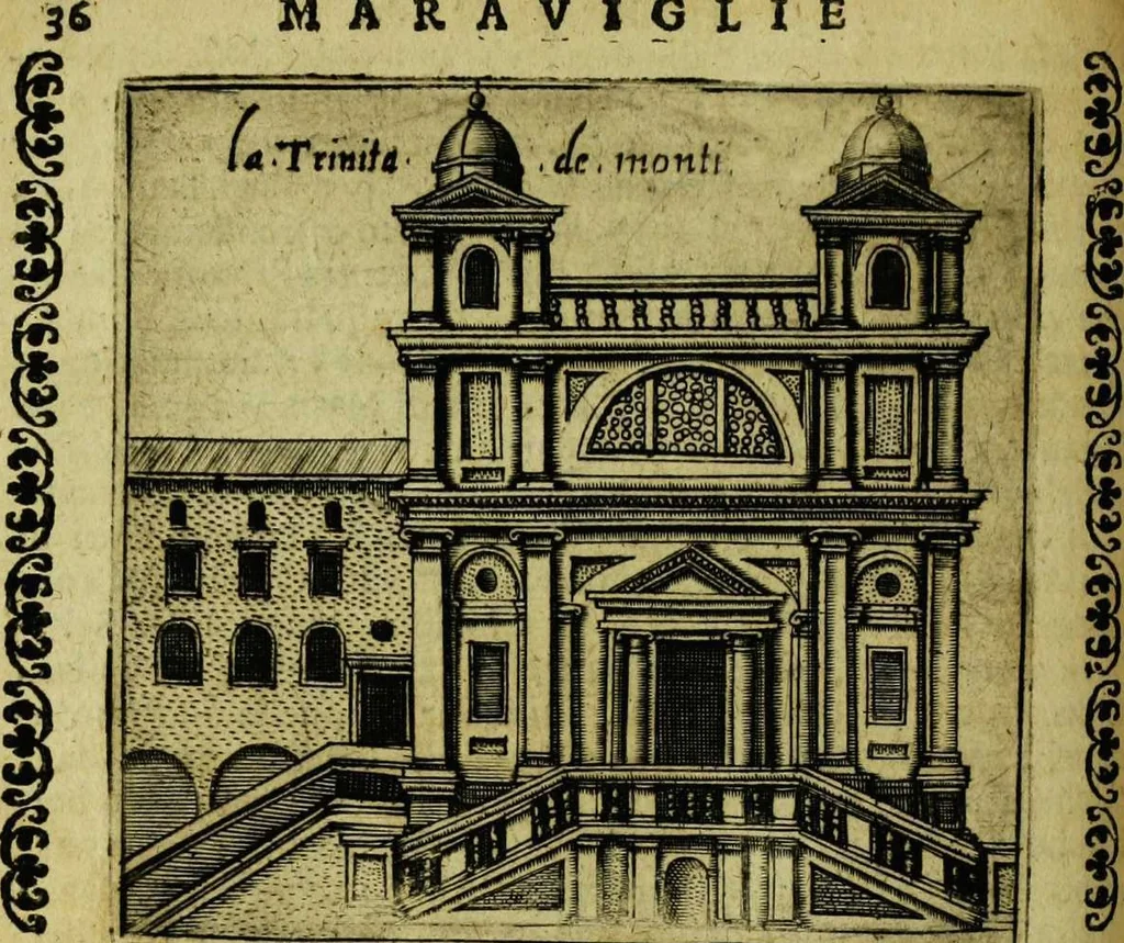 An illustration from Le cose marauigliose dell' alma citta di Roma: doue si tratta delle chiese,stationi, relique et corpi santi : con la guida romana : i nomi de sommi pontefici, imperatori et altri principi, Christiani, con le prencipal' poste d'Italia, 1625, leaf 42