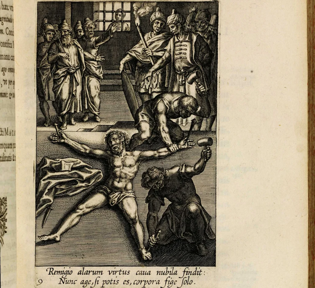An illustration from Sacrum sanctuarium crucis et patientiae crucifixorum et cruciferorum, emblematicis imaginibus laborantium et aegrotantium ornatum: artifices gloriosi nouae artis bene viuendi et moriendi secundum rationem regulae et circini, 1634, leaf 107