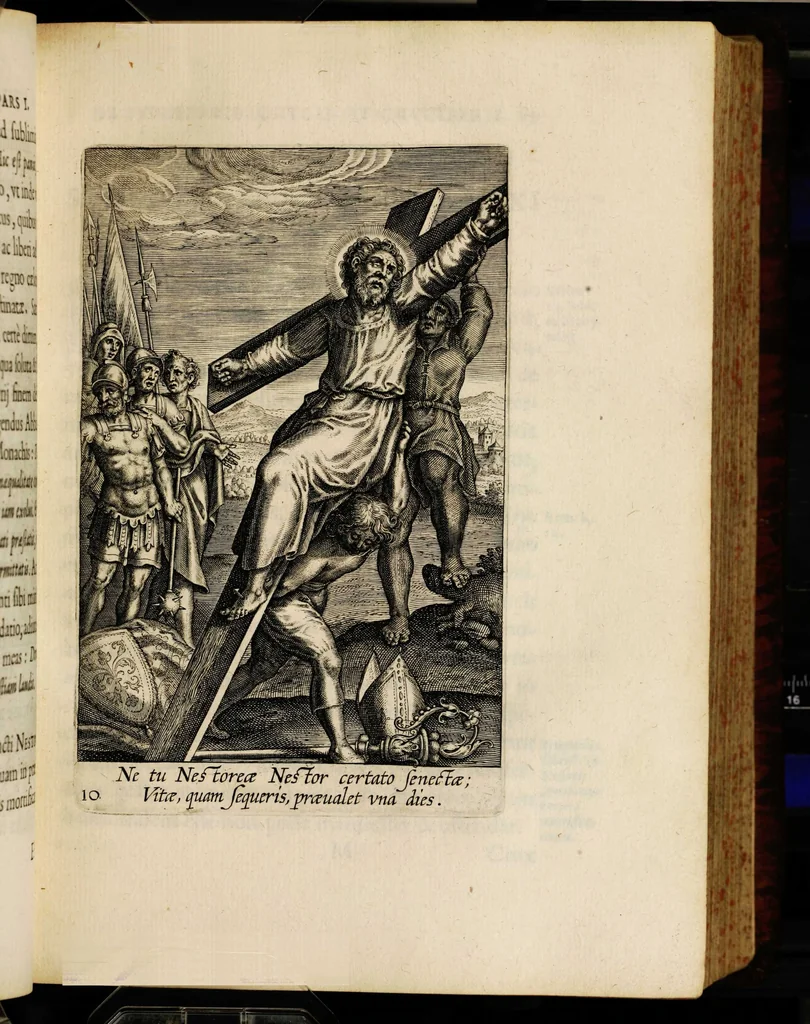 An illustration from Sacrum sanctuarium crucis et patientiae crucifixorum et cruciferorum, emblematicis imaginibus laborantium et aegrotantium ornatum: artifices gloriosi nouae artis bene viuendi et moriendi secundum rationem regulae et circini, 1634, leaf 115