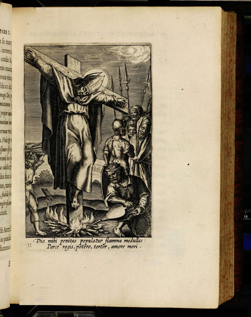 An illustration from Sacrum sanctuarium crucis et patientiae crucifixorum et cruciferorum, emblematicis imaginibus laborantium et aegrotantium ornatum: artifices gloriosi nouae artis bene viuendi et moriendi secundum rationem regulae et circini, 1634, leaf 123