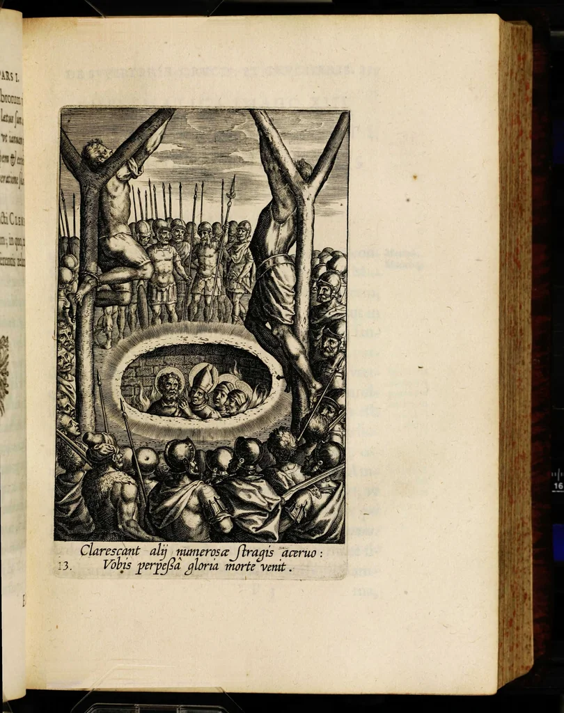 An illustration from Sacrum sanctuarium crucis et patientiae crucifixorum et cruciferorum, emblematicis imaginibus laborantium et aegrotantium ornatum: artifices gloriosi nouae artis bene viuendi et moriendi secundum rationem regulae et circini, 1634, leaf 143