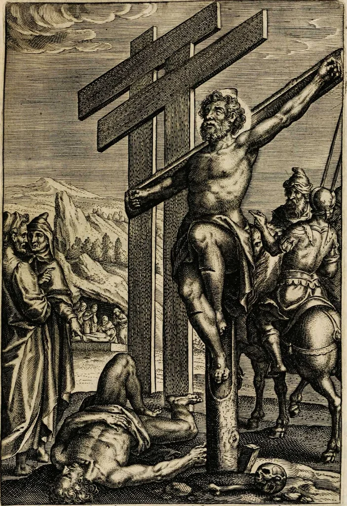 An illustration from Sacrum sanctuarium crucis et patientiae crucifixorum et cruciferorum, emblematicis imaginibus laborantium et aegrotantium ornatum: artifices gloriosi nouae artis bene viuendi et moriendi secundum rationem regulae et circini, 1634, leaf 177