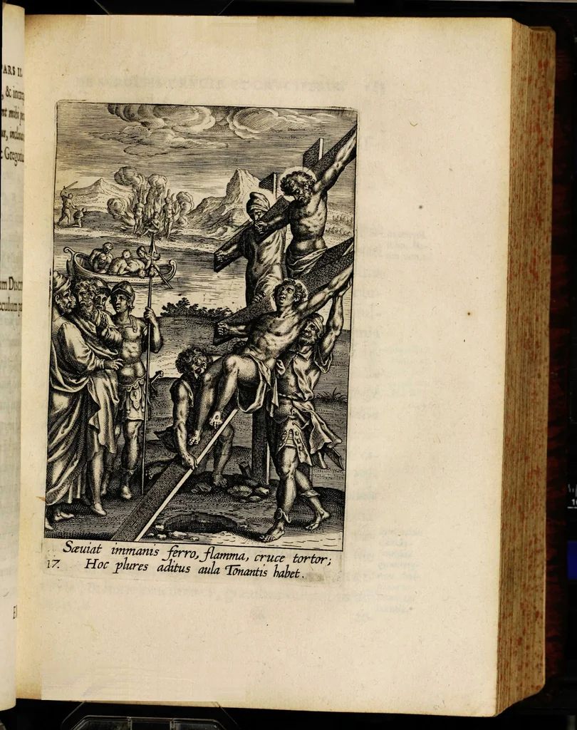 An illustration from Sacrum sanctuarium crucis et patientiae crucifixorum et cruciferorum, emblematicis imaginibus laborantium et aegrotantium ornatum: artifices gloriosi nouae artis bene viuendi et moriendi secundum rationem regulae et circini, 1634, leaf 187