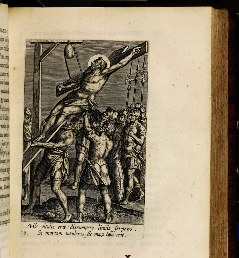 An illustration from Sacrum sanctuarium crucis et patientiae crucifixorum et cruciferorum, emblematicis imaginibus laborantium et aegrotantium ornatum: artifices gloriosi nouae artis bene viuendi et moriendi secundum rationem regulae et circini, 1634, leaf 197