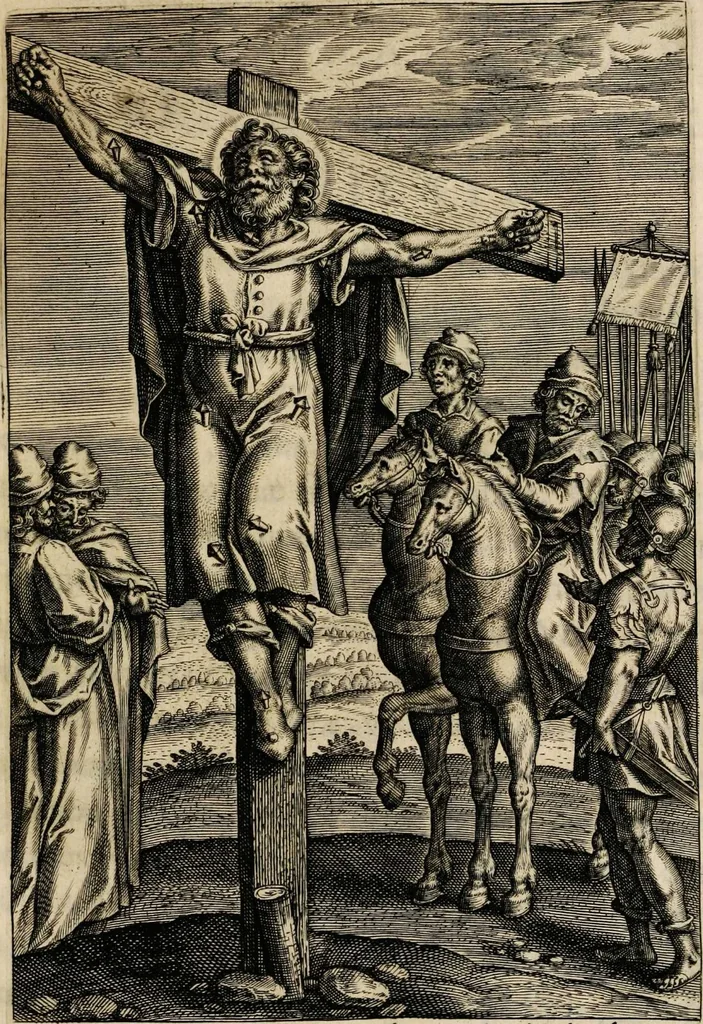 An illustration from Sacrum sanctuarium crucis et patientiae crucifixorum et cruciferorum, emblematicis imaginibus laborantium et aegrotantium ornatum: artifices gloriosi nouae artis bene viuendi et moriendi secundum rationem regulae et circini, 1634, leaf 205