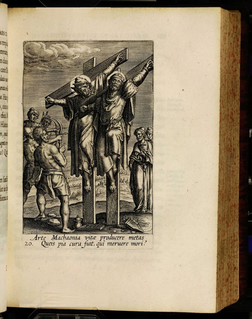 An illustration from Sacrum sanctuarium crucis et patientiae crucifixorum et cruciferorum, emblematicis imaginibus laborantium et aegrotantium ornatum: artifices gloriosi nouae artis bene viuendi et moriendi secundum rationem regulae et circini, 1634, leaf 215