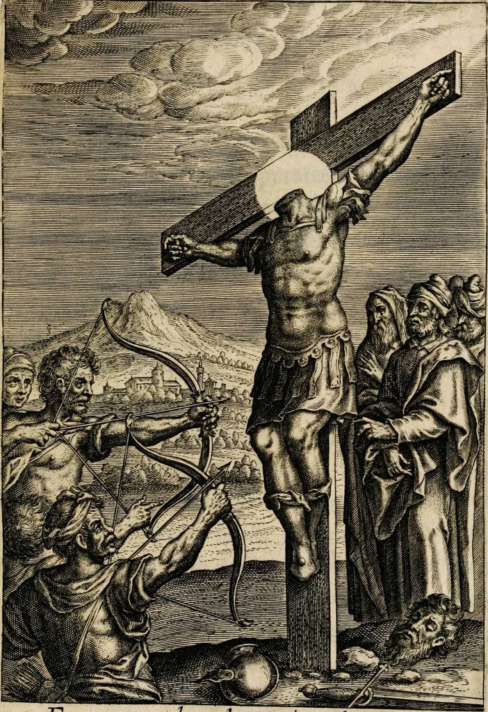 An illustration from Sacrum sanctuarium crucis et patientiae crucifixorum et cruciferorum, emblematicis imaginibus laborantium et aegrotantium ornatum: artifices gloriosi nouae artis bene viuendi et moriendi secundum rationem regulae et circini, 1634, leaf 241