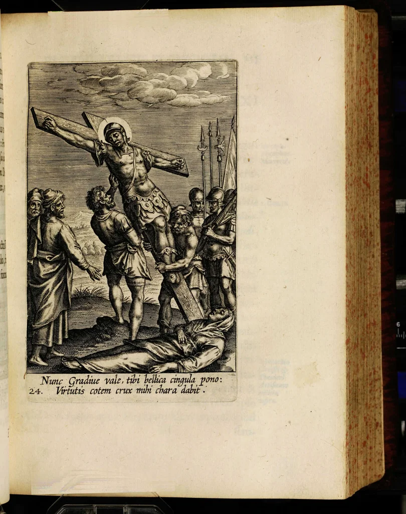 An illustration from Sacrum sanctuarium crucis et patientiae crucifixorum et cruciferorum, emblematicis imaginibus laborantium et aegrotantium ornatum: artifices gloriosi nouae artis bene viuendi et moriendi secundum rationem regulae et circini, 1634, leaf 251