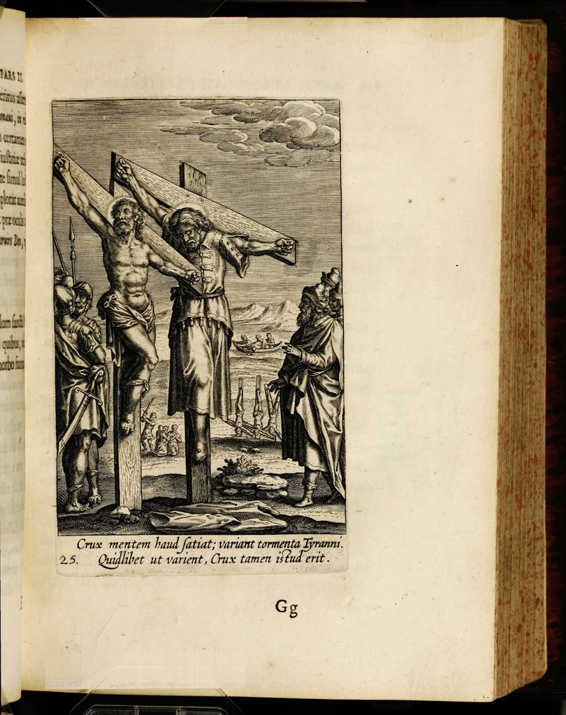 An illustration from Sacrum sanctuarium crucis et patientiae crucifixorum et cruciferorum, emblematicis imaginibus laborantium et aegrotantium ornatum: artifices gloriosi nouae artis bene viuendi et moriendi secundum rationem regulae et circini, 1634, leaf 261