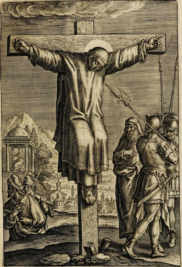 An illustration from Sacrum sanctuarium crucis et patientiae crucifixorum et cruciferorum, emblematicis imaginibus laborantium et aegrotantium ornatum: artifices gloriosi nouae artis bene viuendi et moriendi secundum rationem regulae et circini, 1634, leaf 305