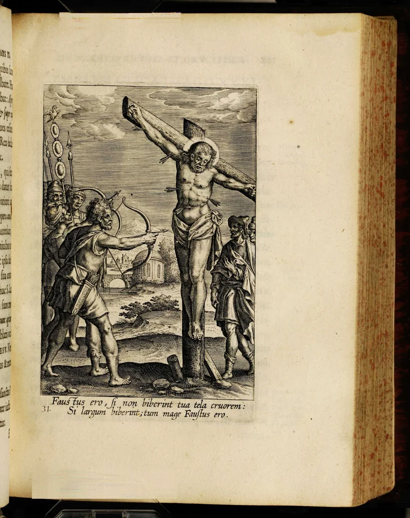 An illustration from Sacrum sanctuarium crucis et patientiae crucifixorum et cruciferorum, emblematicis imaginibus laborantium et aegrotantium ornatum: artifices gloriosi nouae artis bene viuendi et moriendi secundum rationem regulae et circini, 1634, leaf 313