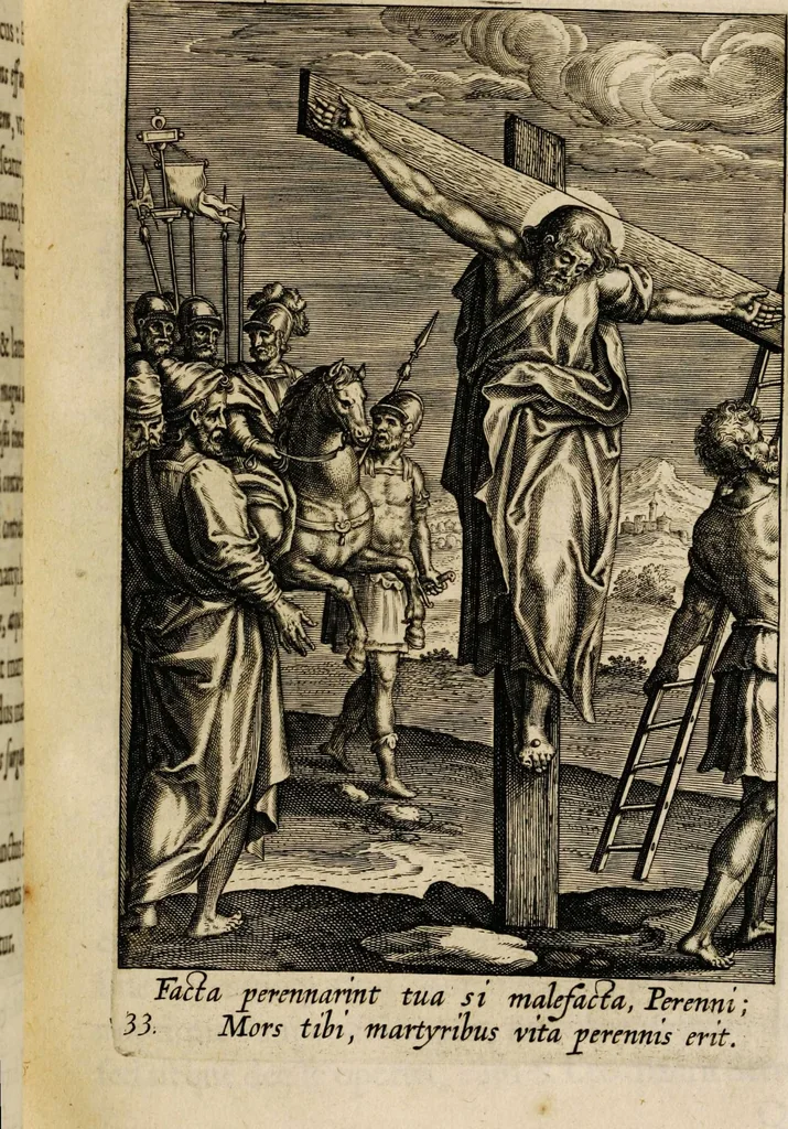 An illustration from Sacrum sanctuarium crucis et patientiae crucifixorum et cruciferorum, emblematicis imaginibus laborantium et aegrotantium ornatum: artifices gloriosi nouae artis bene viuendi et moriendi secundum rationem regulae et circini, 1634, leaf 329