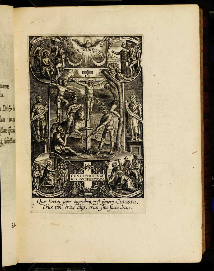 An illustration from Sacrum sanctuarium crucis et patientiae crucifixorum et cruciferorum, emblematicis imaginibus laborantium et aegrotantium ornatum: artifices gloriosi nouae artis bene viuendi et moriendi secundum rationem regulae et circini, 1634, leaf 33