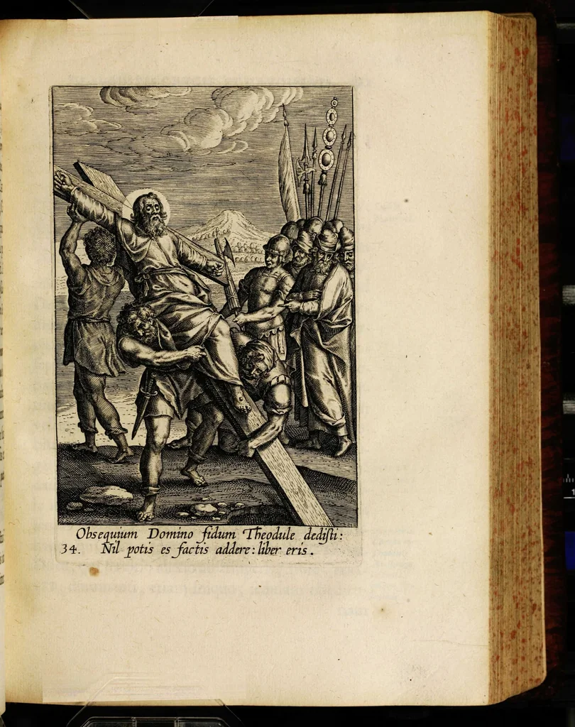 An illustration from Sacrum sanctuarium crucis et patientiae crucifixorum et cruciferorum, emblematicis imaginibus laborantium et aegrotantium ornatum: artifices gloriosi nouae artis bene viuendi et moriendi secundum rationem regulae et circini, 1634, leaf 337