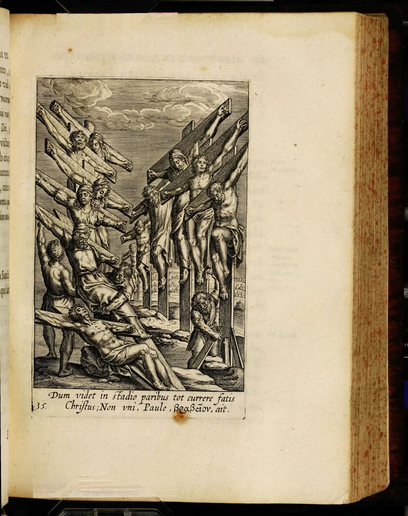 An illustration from Sacrum sanctuarium crucis et patientiae crucifixorum et cruciferorum, emblematicis imaginibus laborantium et aegrotantium ornatum: artifices gloriosi nouae artis bene viuendi et moriendi secundum rationem regulae et circini, 1634, leaf 347