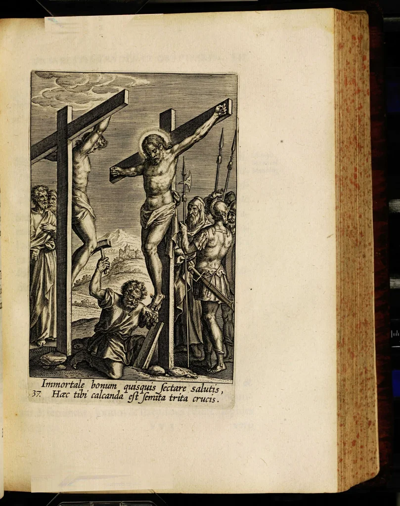 An illustration from Sacrum sanctuarium crucis et patientiae crucifixorum et cruciferorum, emblematicis imaginibus laborantium et aegrotantium ornatum: artifices gloriosi nouae artis bene viuendi et moriendi secundum rationem regulae et circini, 1634, leaf 367