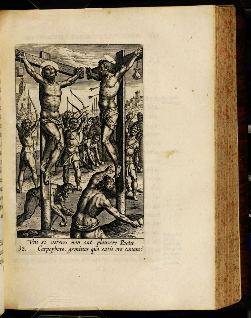 An illustration from Sacrum sanctuarium crucis et patientiae crucifixorum et cruciferorum, emblematicis imaginibus laborantium et aegrotantium ornatum: artifices gloriosi nouae artis bene viuendi et moriendi secundum rationem regulae et circini, 1634, leaf 375