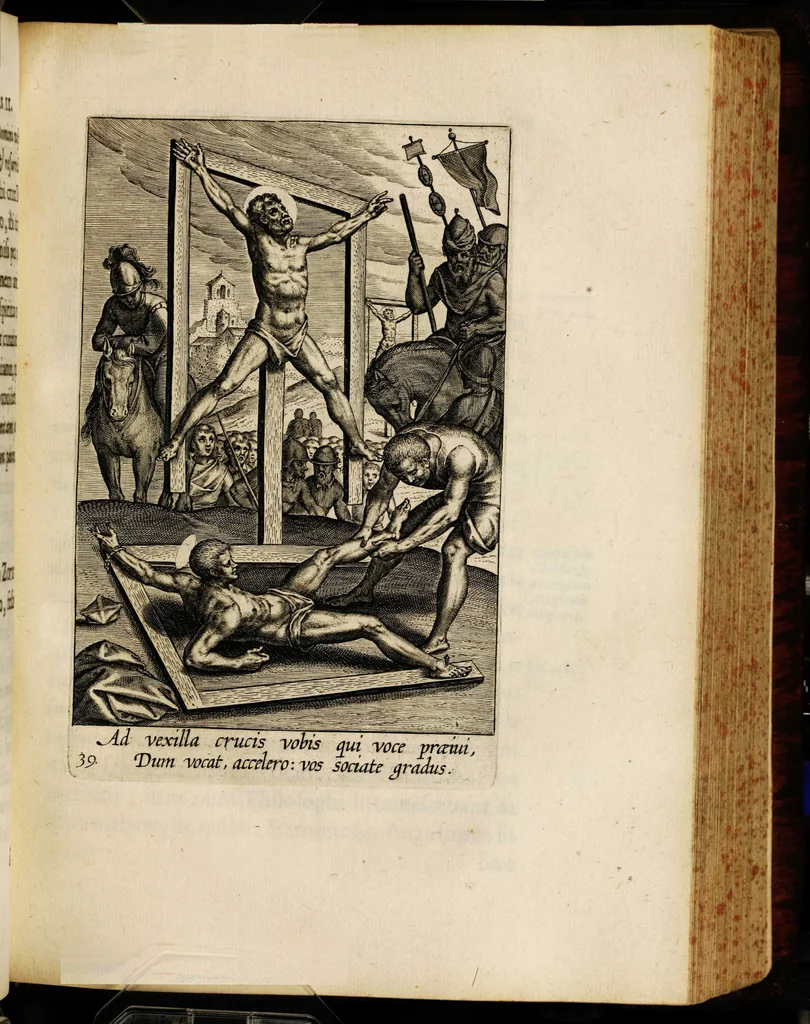 An illustration from Sacrum sanctuarium crucis et patientiae crucifixorum et cruciferorum, emblematicis imaginibus laborantium et aegrotantium ornatum: artifices gloriosi nouae artis bene viuendi et moriendi secundum rationem regulae et circini, 1634, leaf 385