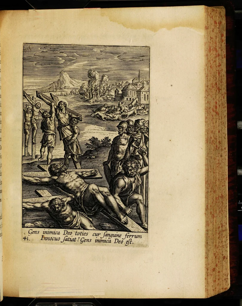 An illustration from Sacrum sanctuarium crucis et patientiae crucifixorum et cruciferorum, emblematicis imaginibus laborantium et aegrotantium ornatum: artifices gloriosi nouae artis bene viuendi et moriendi secundum rationem regulae et circini, 1634, leaf 403
