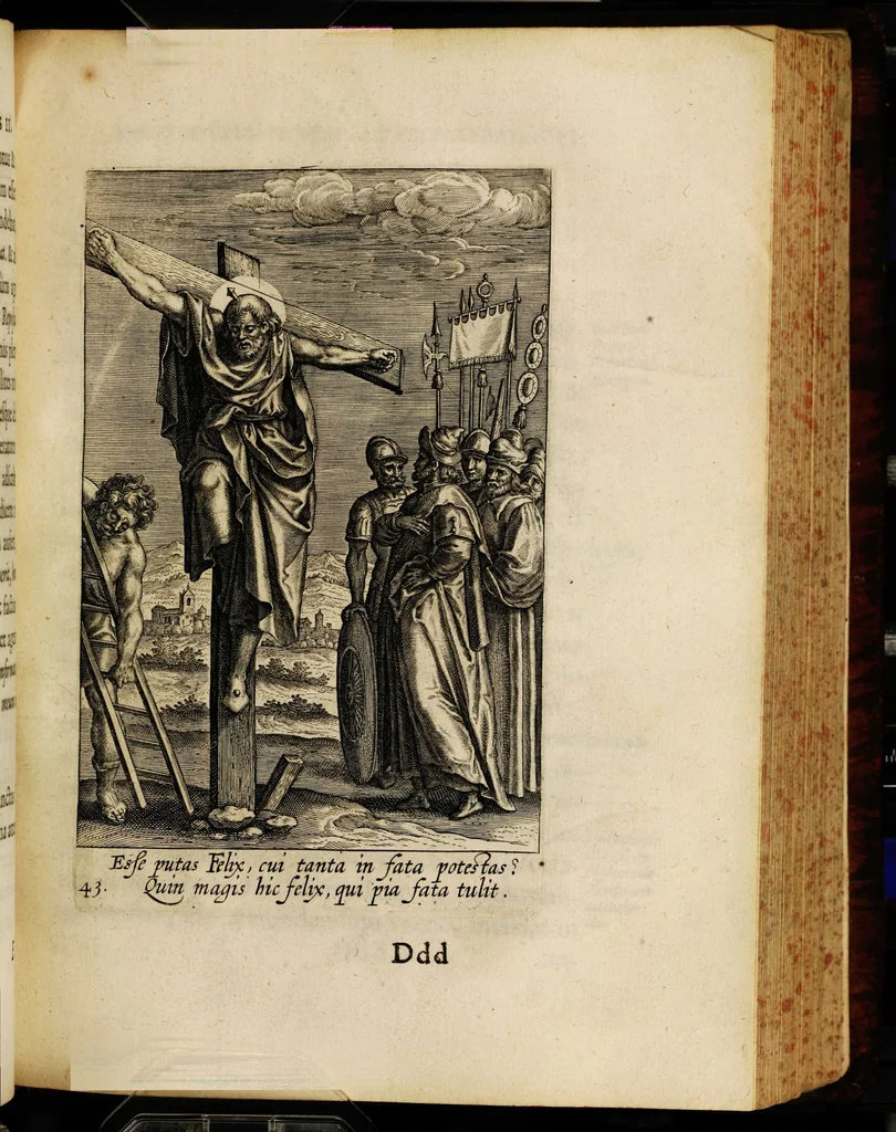 An illustration from Sacrum sanctuarium crucis et patientiae crucifixorum et cruciferorum, emblematicis imaginibus laborantium et aegrotantium ornatum: artifices gloriosi nouae artis bene viuendi et moriendi secundum rationem regulae et circini, 1634, leaf 421