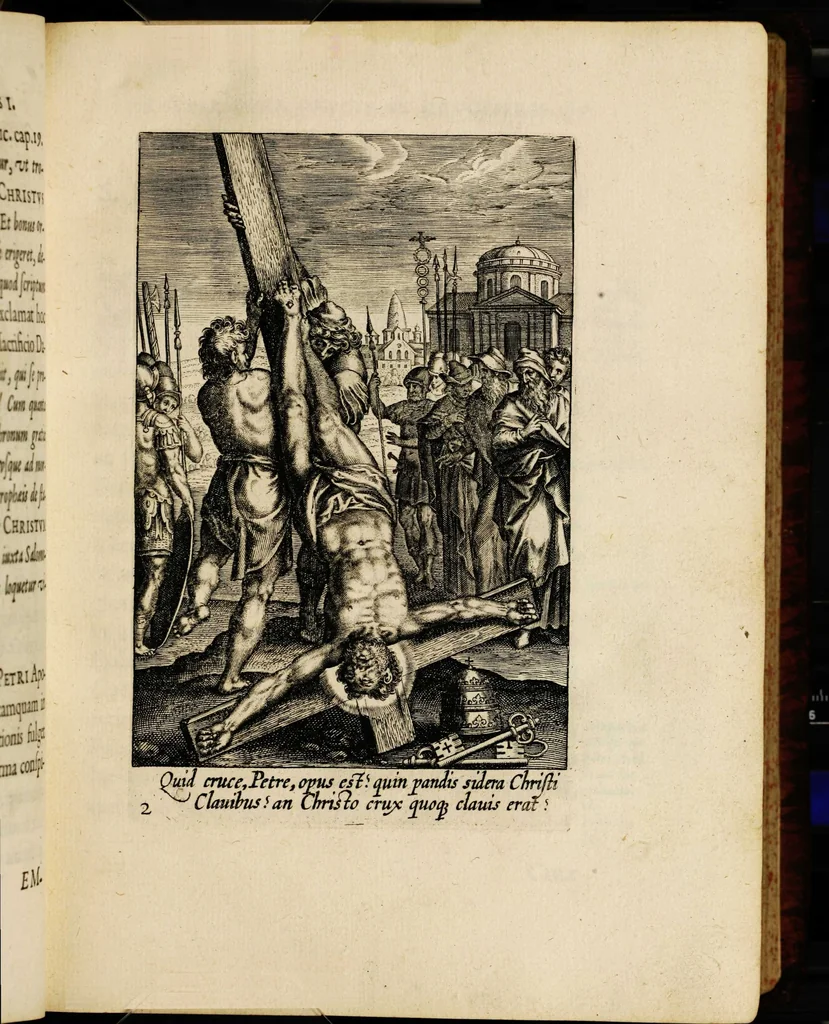 An illustration from Sacrum sanctuarium crucis et patientiae crucifixorum et cruciferorum, emblematicis imaginibus laborantium et aegrotantium ornatum: artifices gloriosi nouae artis bene viuendi et moriendi secundum rationem regulae et circini, 1634, leaf 43