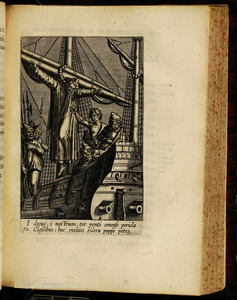 An illustration from Sacrum sanctuarium crucis et patientiae crucifixorum et cruciferorum, emblematicis imaginibus laborantium et aegrotantium ornatum: artifices gloriosi nouae artis bene viuendi et moriendi secundum rationem regulae et circini, 1634, leaf 483