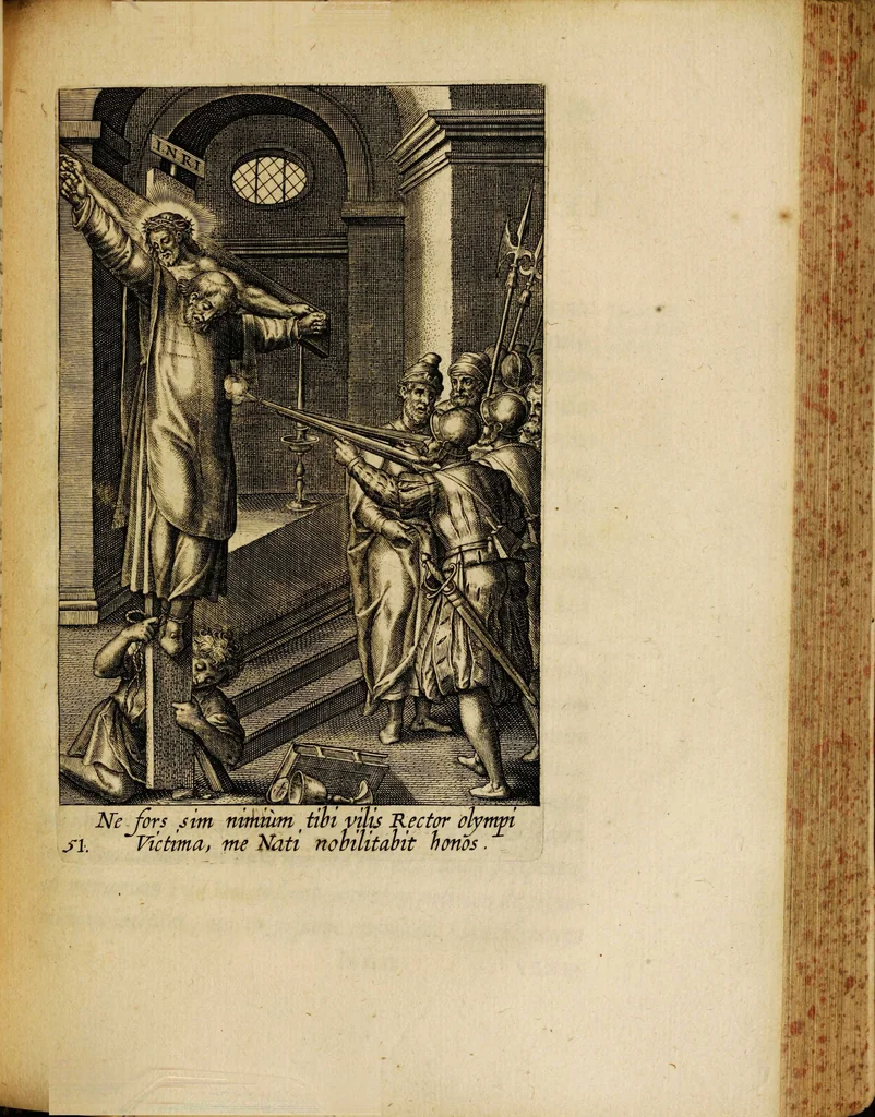 An illustration from Sacrum sanctuarium crucis et patientiae crucifixorum et cruciferorum, emblematicis imaginibus laborantium et aegrotantium ornatum: artifices gloriosi nouae artis bene viuendi et moriendi secundum rationem regulae et circini, 1634, leaf 491