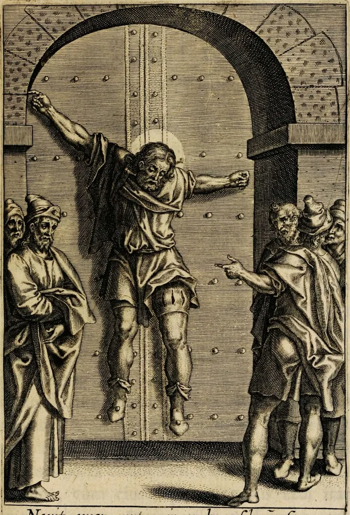 An illustration from Sacrum sanctuarium crucis et patientiae crucifixorum et cruciferorum, emblematicis imaginibus laborantium et aegrotantium ornatum: artifices gloriosi nouae artis bene viuendi et moriendi secundum rationem regulae et circini, 1634, leaf 501