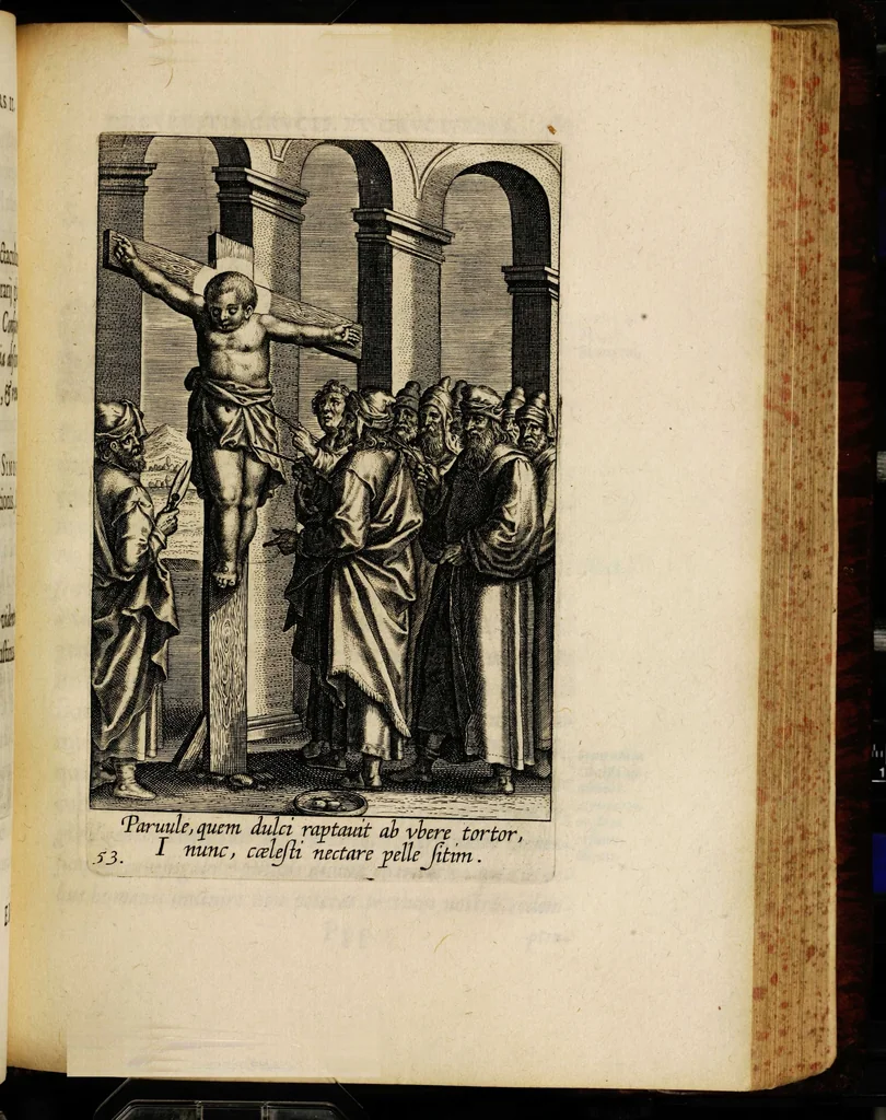 An illustration from Sacrum sanctuarium crucis et patientiae crucifixorum et cruciferorum, emblematicis imaginibus laborantium et aegrotantium ornatum: artifices gloriosi nouae artis bene viuendi et moriendi secundum rationem regulae et circini, 1634, leaf 511