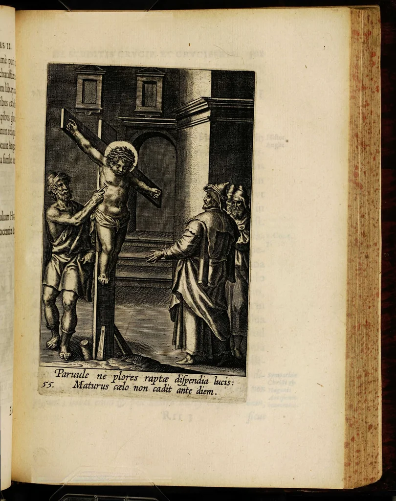 An illustration from Sacrum sanctuarium crucis et patientiae crucifixorum et cruciferorum, emblematicis imaginibus laborantium et aegrotantium ornatum: artifices gloriosi nouae artis bene viuendi et moriendi secundum rationem regulae et circini, 1634, leaf 527