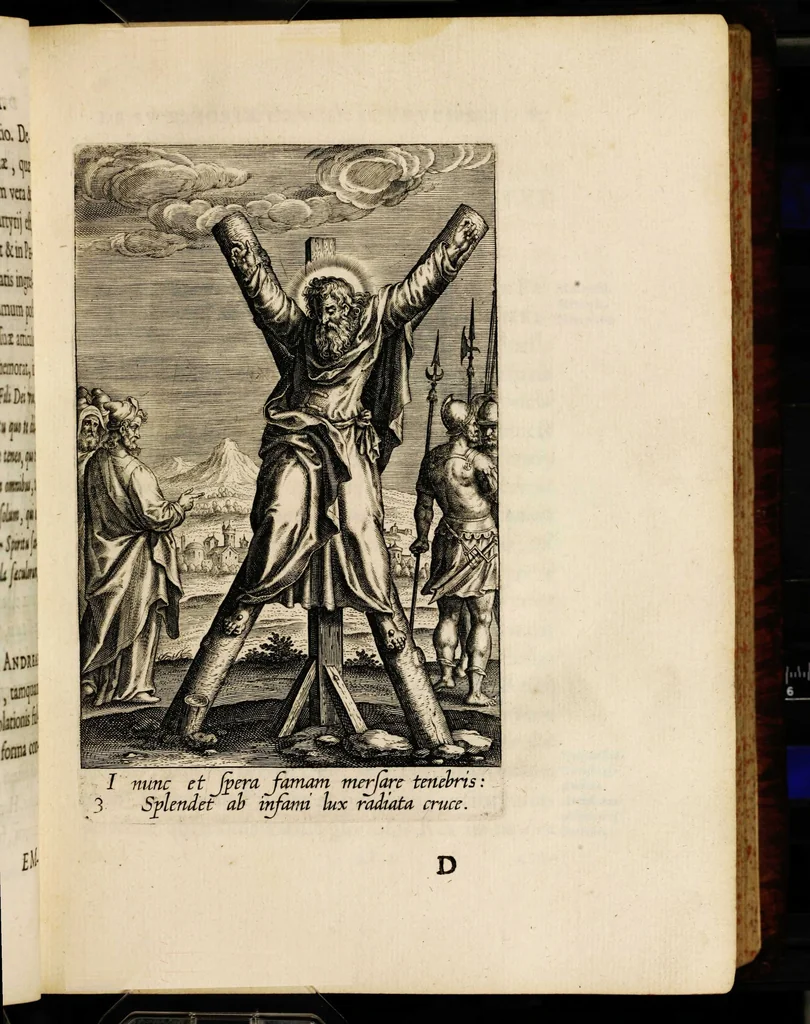 An illustration from Sacrum sanctuarium crucis et patientiae crucifixorum et cruciferorum, emblematicis imaginibus laborantium et aegrotantium ornatum: artifices gloriosi nouae artis bene viuendi et moriendi secundum rationem regulae et circini, 1634, leaf 53