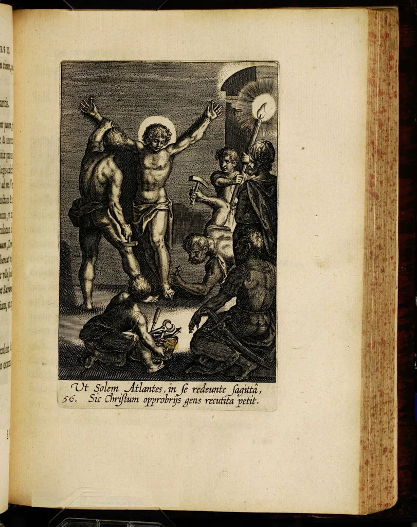 An illustration from Sacrum sanctuarium crucis et patientiae crucifixorum et cruciferorum, emblematicis imaginibus laborantium et aegrotantium ornatum: artifices gloriosi nouae artis bene viuendi et moriendi secundum rationem regulae et circini, 1634, leaf 535