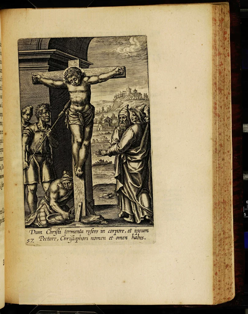 An illustration from Sacrum sanctuarium crucis et patientiae crucifixorum et cruciferorum, emblematicis imaginibus laborantium et aegrotantium ornatum: artifices gloriosi nouae artis bene viuendi et moriendi secundum rationem regulae et circini, 1634, leaf 543