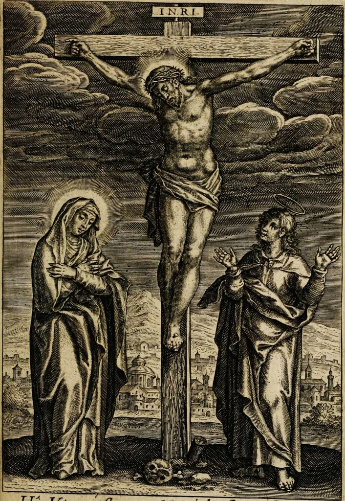 An illustration from Sacrum sanctuarium crucis et patientiae crucifixorum et cruciferorum, emblematicis imaginibus laborantium et aegrotantium ornatum: artifices gloriosi nouae artis bene viuendi et moriendi secundum rationem regulae et circini, 1634, leaf 557