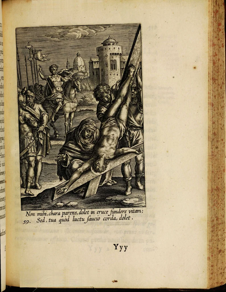 An illustration from Sacrum sanctuarium crucis et patientiae crucifixorum et cruciferorum, emblematicis imaginibus laborantium et aegrotantium ornatum: artifices gloriosi nouae artis bene viuendi et moriendi secundum rationem regulae et circini, 1634, leaf 565