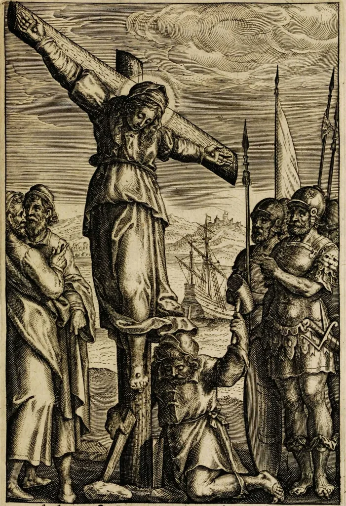 An illustration from Sacrum sanctuarium crucis et patientiae crucifixorum et cruciferorum, emblematicis imaginibus laborantium et aegrotantium ornatum: artifices gloriosi nouae artis bene viuendi et moriendi secundum rationem regulae et circini, 1634, leaf 597
