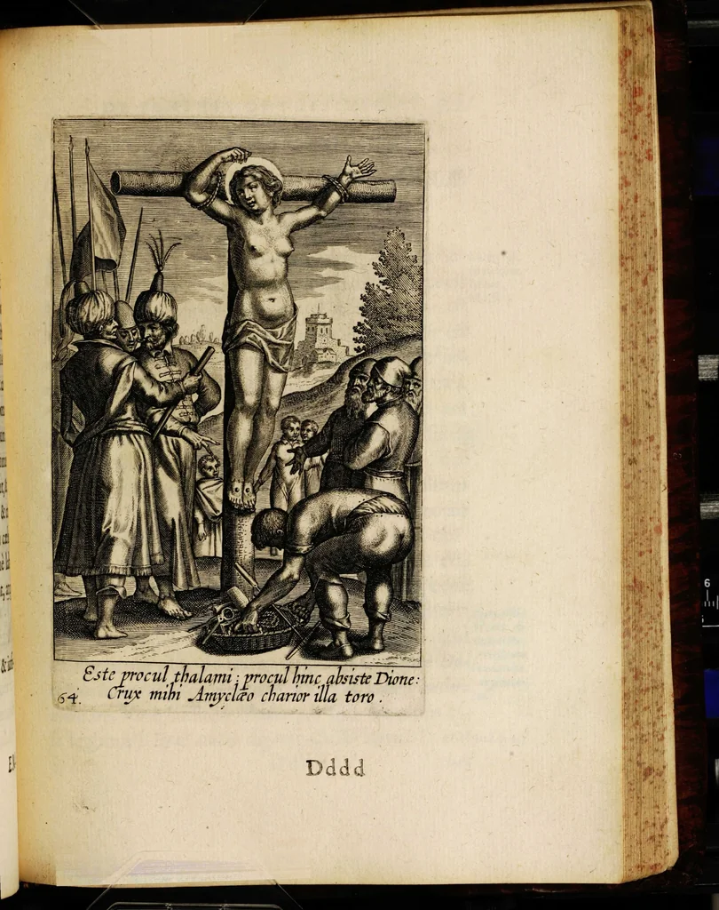 An illustration from Sacrum sanctuarium crucis et patientiae crucifixorum et cruciferorum, emblematicis imaginibus laborantium et aegrotantium ornatum: artifices gloriosi nouae artis bene viuendi et moriendi secundum rationem regulae et circini, 1634, leaf 605