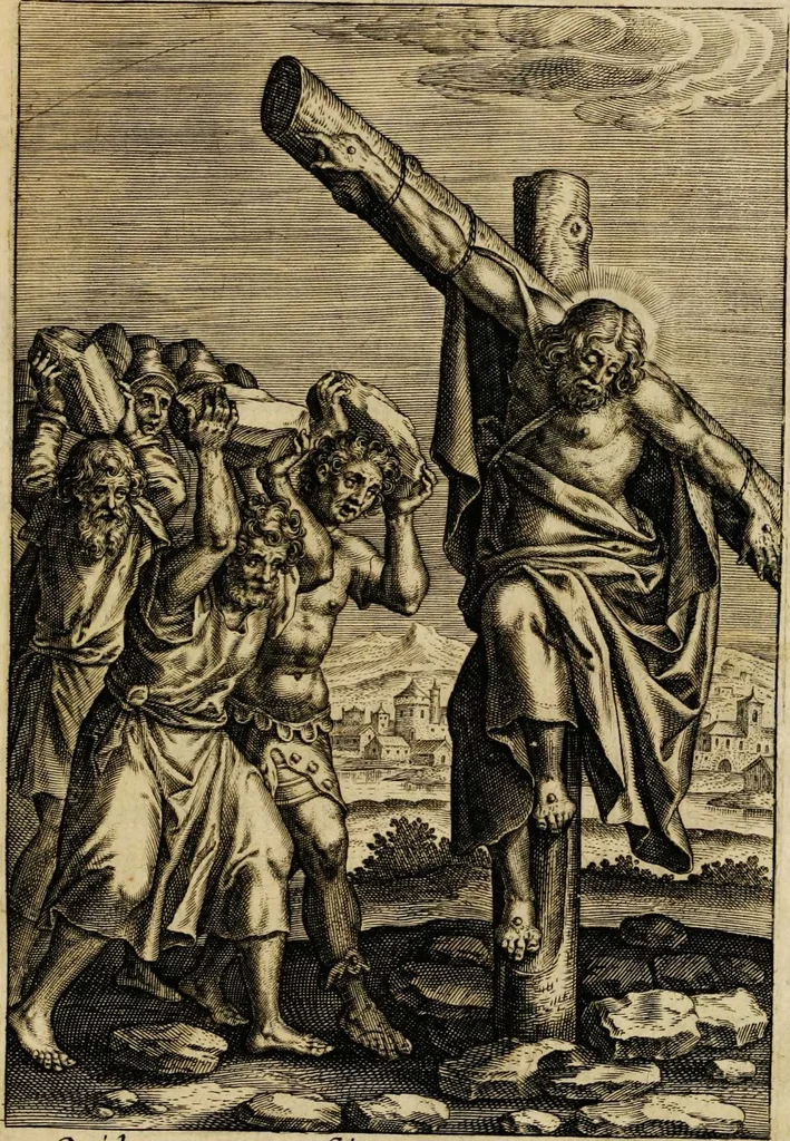An illustration from Sacrum sanctuarium crucis et patientiae crucifixorum et cruciferorum, emblematicis imaginibus laborantium et aegrotantium ornatum: artifices gloriosi nouae artis bene viuendi et moriendi secundum rationem regulae et circini, 1634, leaf 61